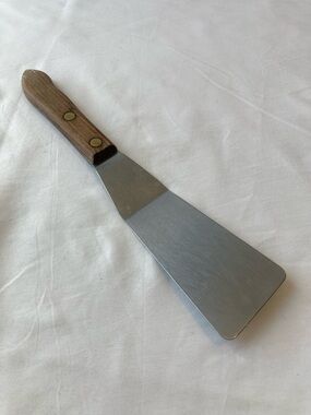 Vintage Stainless Steel & Wood Riveted Handle Angled Spatula Kitchen Utensil Vtg